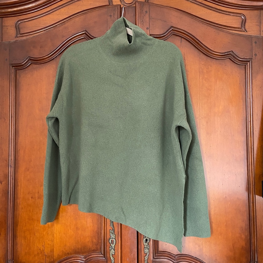 Nap Loungewear 100% Wool Slant Asymmetric Hem Turtleneck In Sage Green